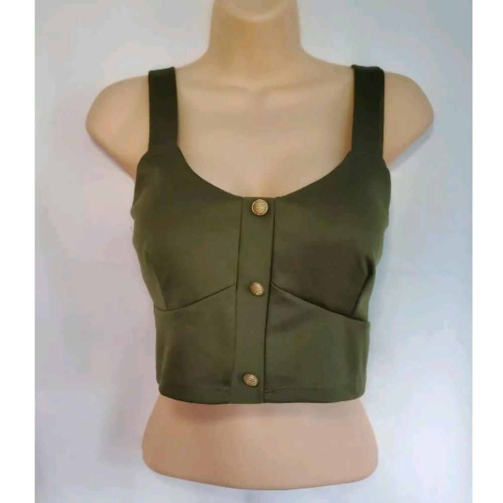 NWT Womens Body Central Olive Green Crop Top Decorative Gold Buttons Size Large